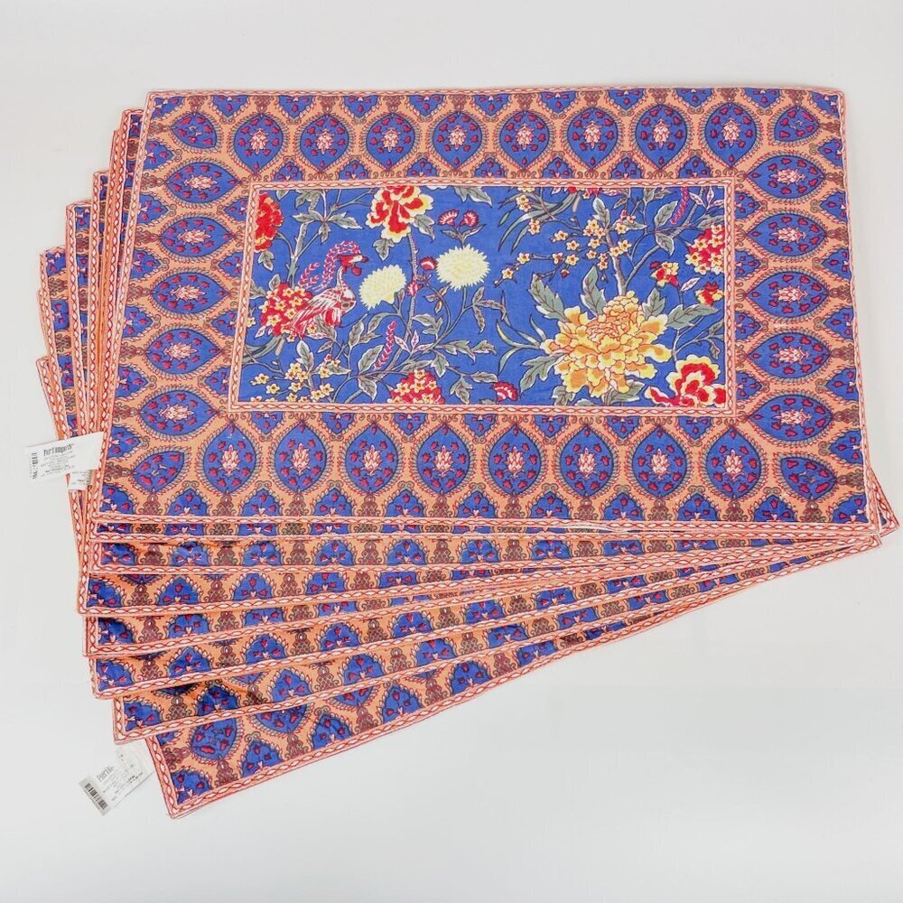 Pier 1 Imports Cotton Veranda Floral Paisley Placemats Blue Orange Set of 8